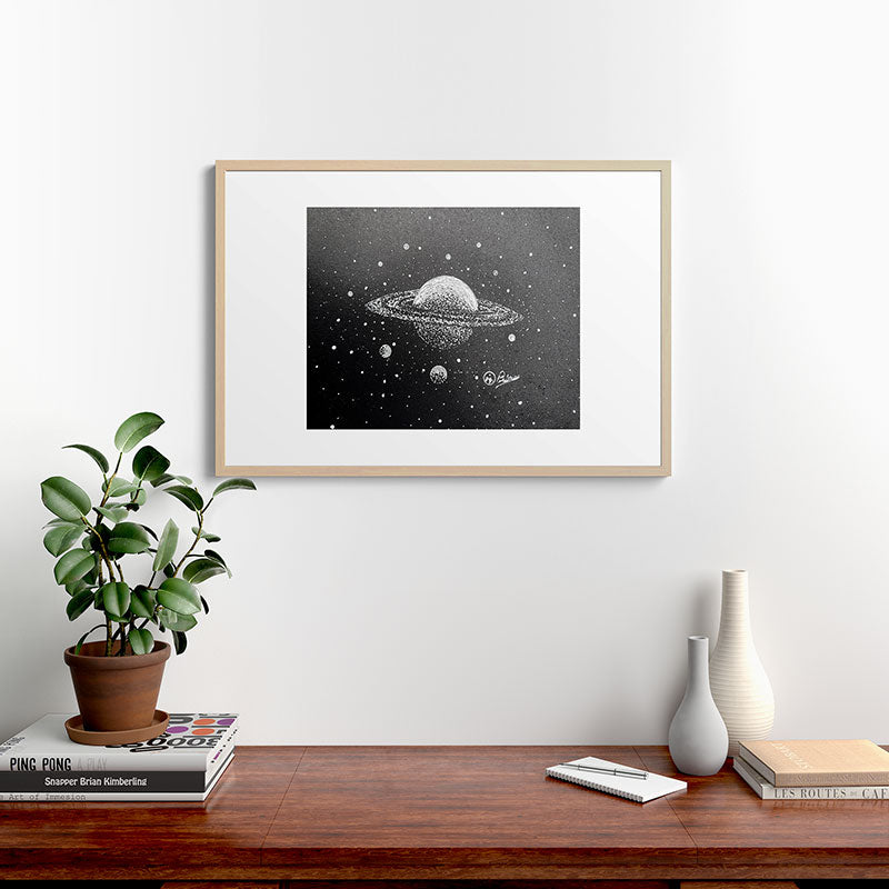 "Saturn's Moons" Outer Space Original Art, Planets, Galaxy Wall Decor Framed Art Print