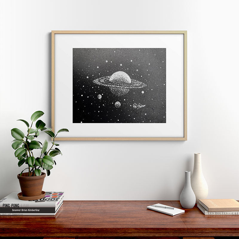 "Saturn's Moons" Outer Space Original Art, Planets, Galaxy Wall Decor Framed Art Print