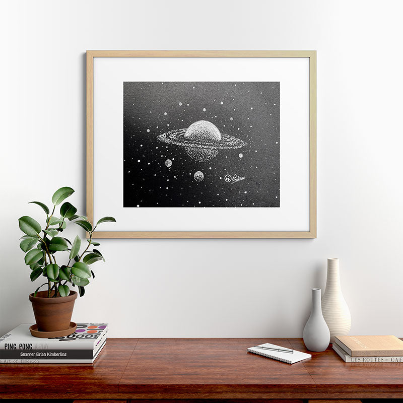 "Saturn's Moons" Outer Space Original Art, Planets, Galaxy Wall Decor Framed Art Print