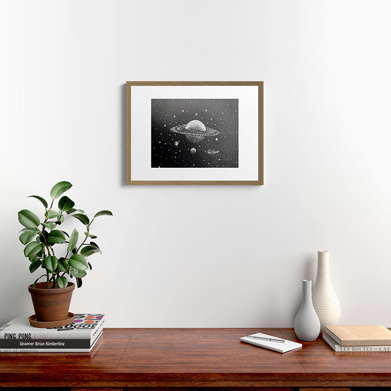 "Saturn's Moons" Outer Space Original Art, Planets, Galaxy Wall Decor Framed Art Print