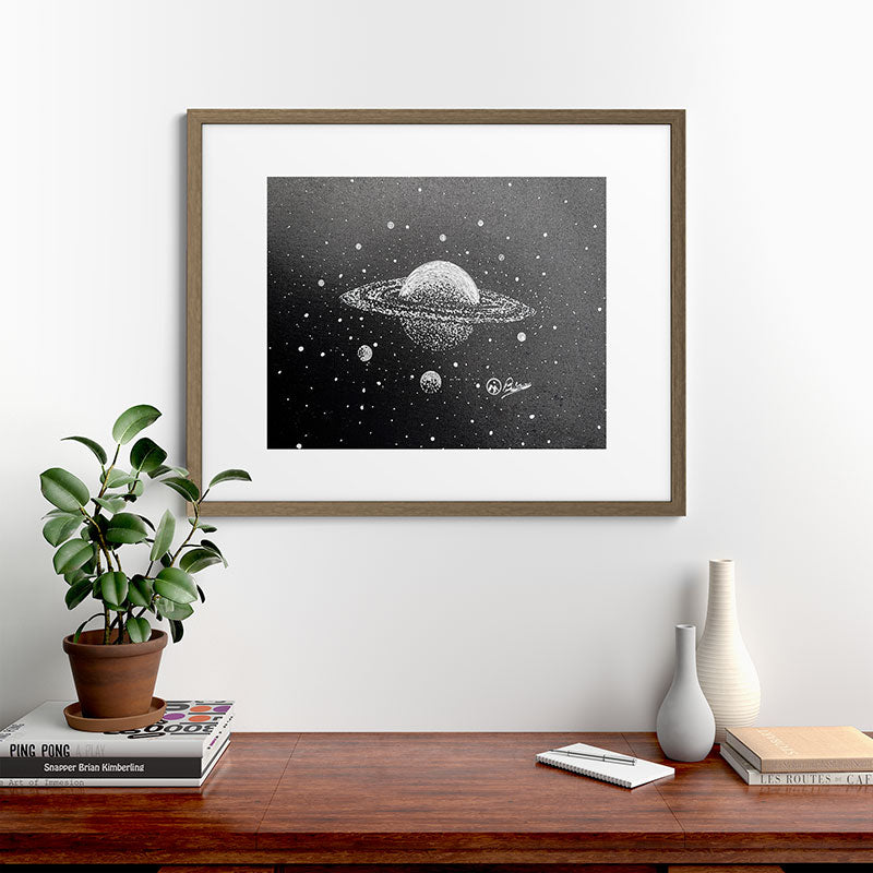 "Saturn's Moons" Outer Space Original Art, Planets, Galaxy Wall Decor Framed Art Print