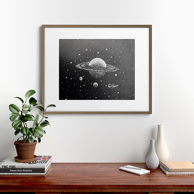 "Saturn's Moons" Outer Space Original Art, Planets, Galaxy Wall Decor Framed Art Print