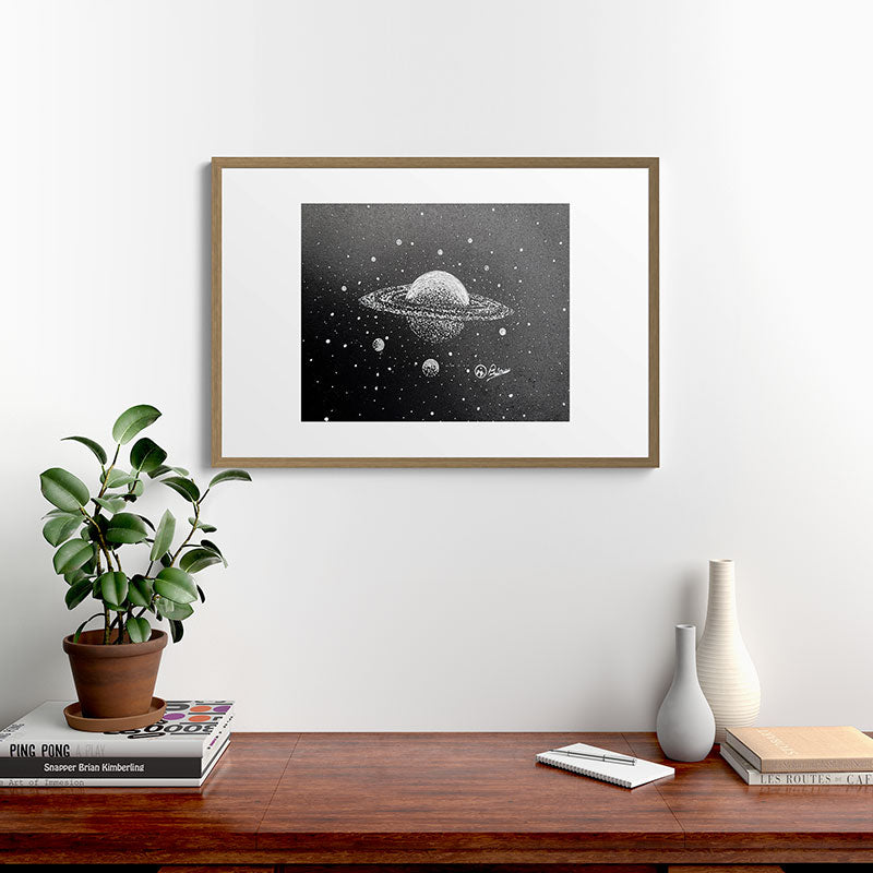 "Saturn's Moons" Outer Space Original Art, Planets, Galaxy Wall Decor Framed Art Print