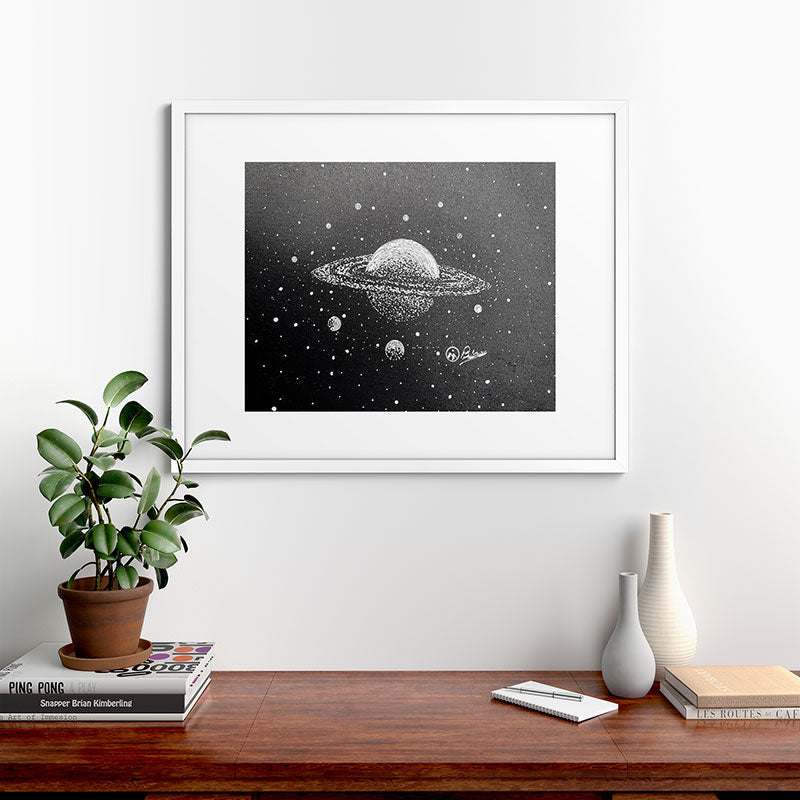 "Saturn's Moons" Outer Space Original Art, Planets, Galaxy Wall Decor Framed Art Print