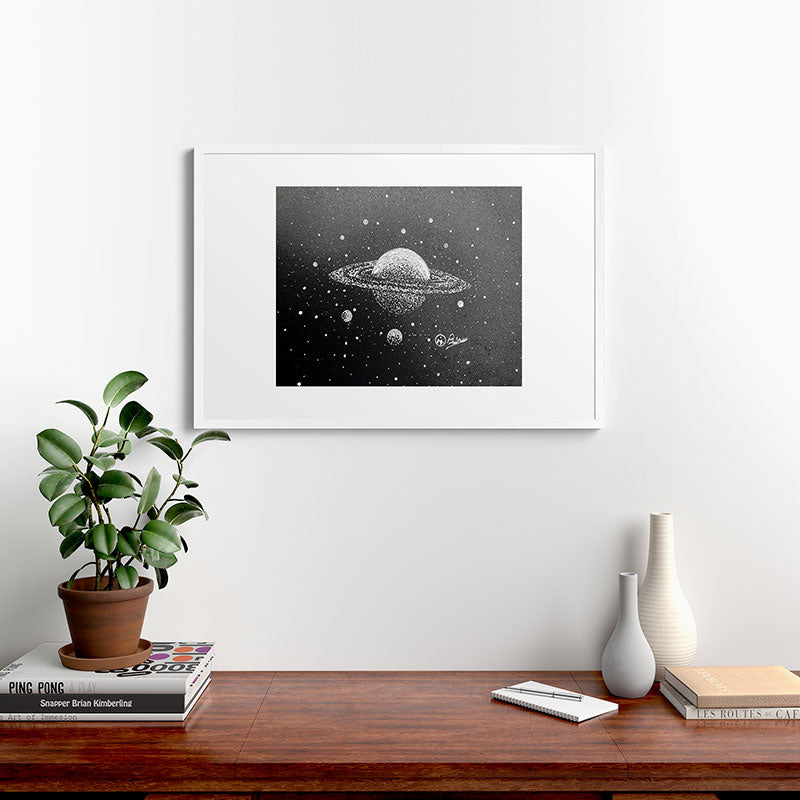 "Saturn's Moons" Outer Space Original Art, Planets, Galaxy Wall Decor Framed Art Print