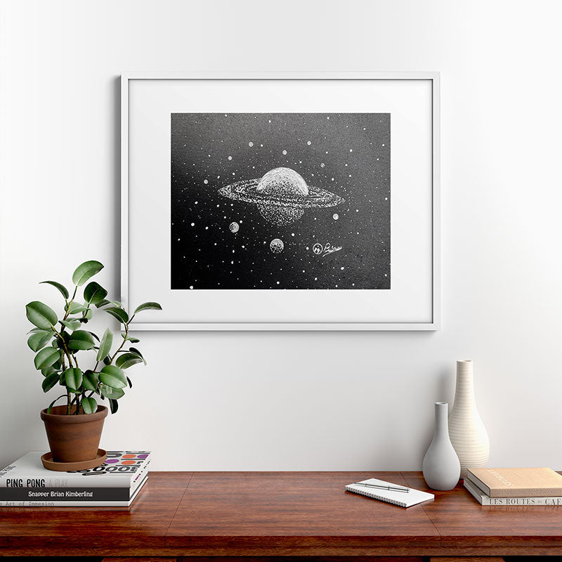 "Saturn's Moons" Outer Space Original Art, Planets, Galaxy Wall Decor Framed Art Print