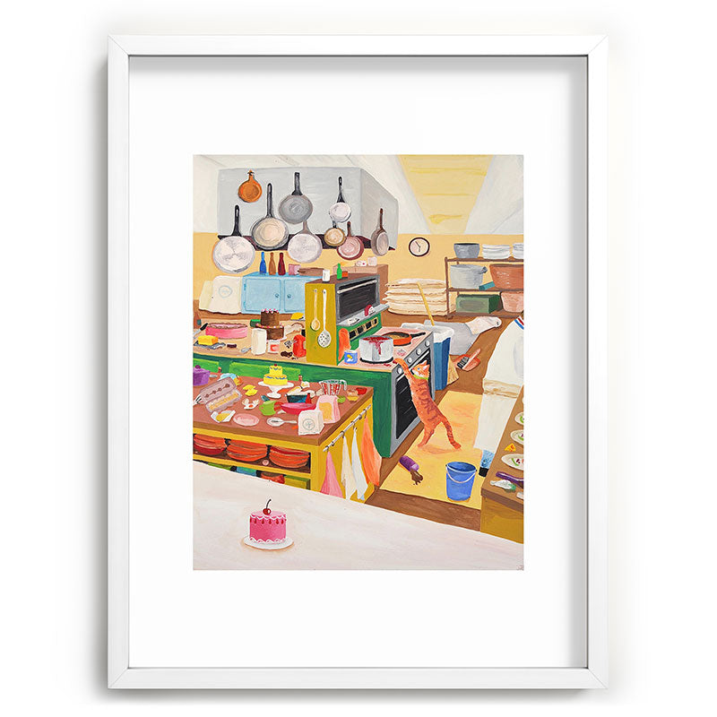 A Cat in the Kitchen Framed Art Print
