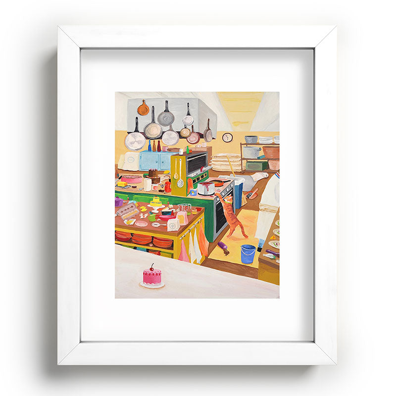 A Cat in the Kitchen Framed Art Print