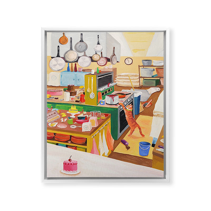 A Cat in the Kitchen Framed Canvas Print