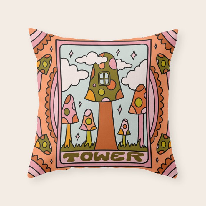 16. Tower Tarot Mushroom Throw Pillow