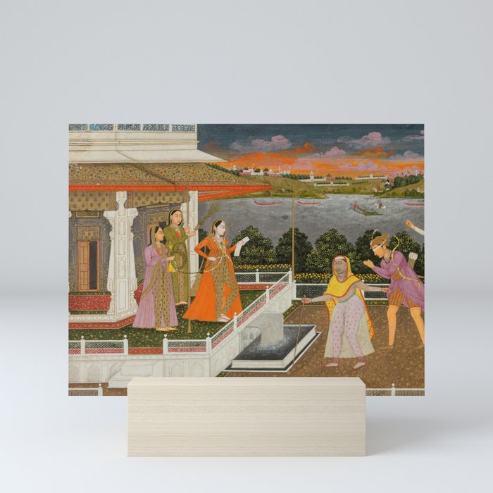 A blindfolded suitor is brought before a princess; verso/ scrolling floral vines 1755 Fayzullah Indian Miniature Painting  Mini Art Print