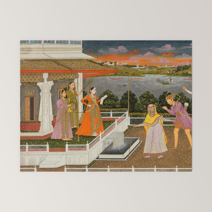 A blindfolded suitor is brought before a princess; verso/ scrolling floral vines 1755 Fayzullah Indian Miniature Painting  Mini Art Print