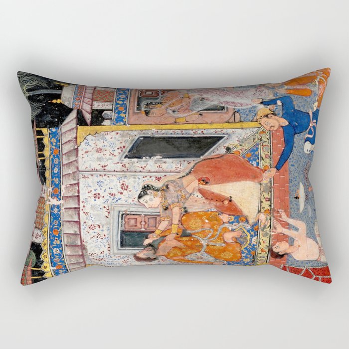 -India, Mughal, Reign of Akbar, 16th century - Page from Tales of a Parrot (Tuti-nama)- Eighth night- The deceitful wife a - 1962 Rectangular Pillow