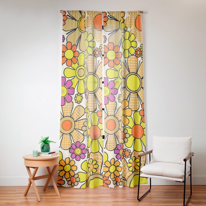 70s Retro Flowers Gingham Floral Pattern Orange Yellow Cream Window Curtain