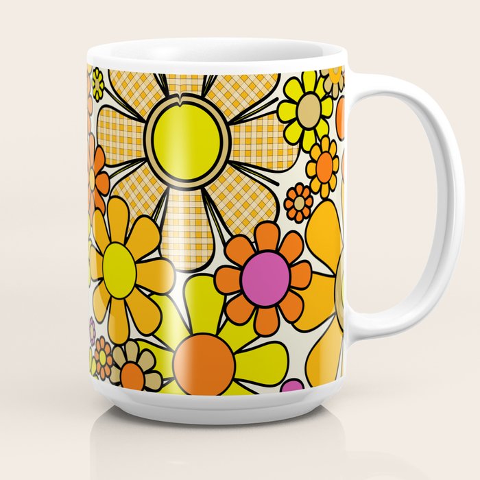 70s Retro Flowers Gingham Floral Pattern Orange Yellow Cream Coffee Mug
