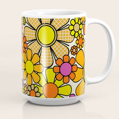 70s Retro Flowers Gingham Floral Pattern Orange Yellow Cream Coffee Mug