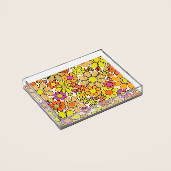 70s Retro Flowers Gingham Floral Pattern Orange Yellow Cream Acrylic Tray