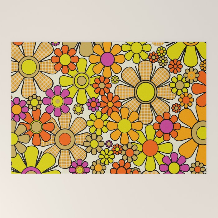 70s Retro Flowers Gingham Floral Pattern Orange Yellow Cream Welcome Mat