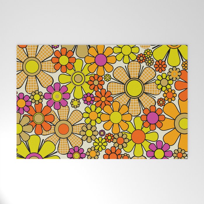70s Retro Flowers Gingham Floral Pattern Orange Yellow Cream Welcome Mat