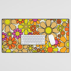 70s Retro Flowers Gingham Floral Pattern Orange Yellow Cream Desk Mat