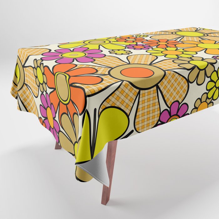 70s Retro Flowers Gingham Floral Pattern Orange Yellow Cream Tablecloth