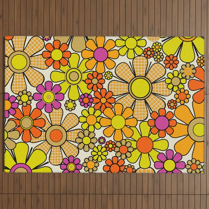 70s Retro Flowers Gingham Floral Pattern Orange Yellow Cream Outdoor Rug