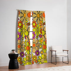 70s Retro Flowers Gingham Floral Pattern Orange Yellow Cream Window Curtain
