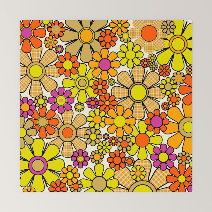 70s Retro Flowers Gingham Floral Pattern Orange Yellow Cream Mini Art Print
