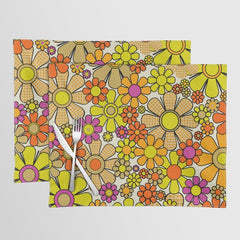 70s Retro Flowers Gingham Floral Pattern Orange Yellow Cream Placemat