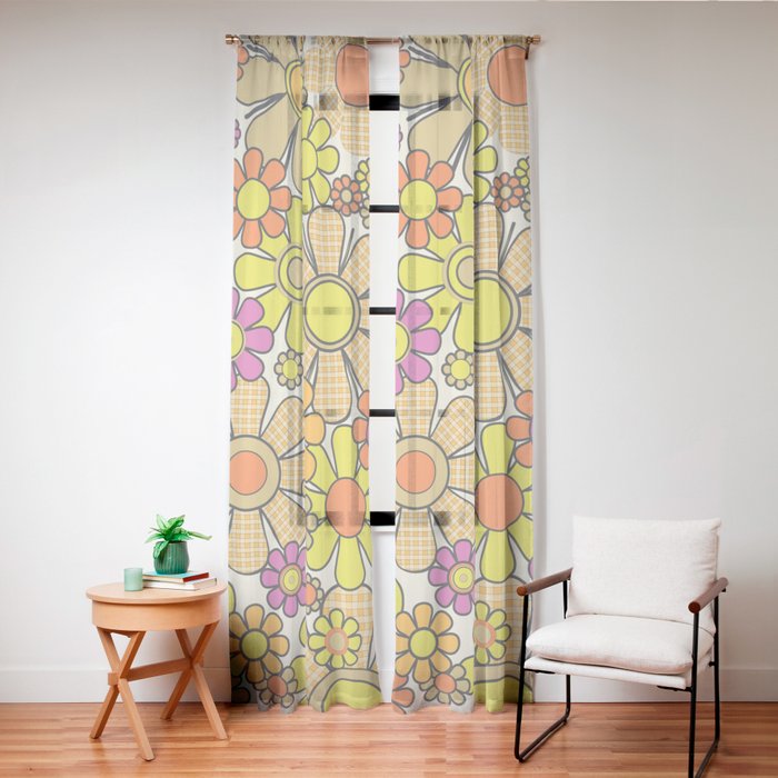 70s Retro Flowers Gingham Floral Pattern Orange Yellow Cream Window Curtain