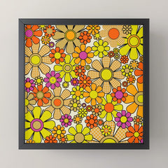 70s Retro Flowers Gingham Floral Pattern Orange Yellow Cream Mini Art Print