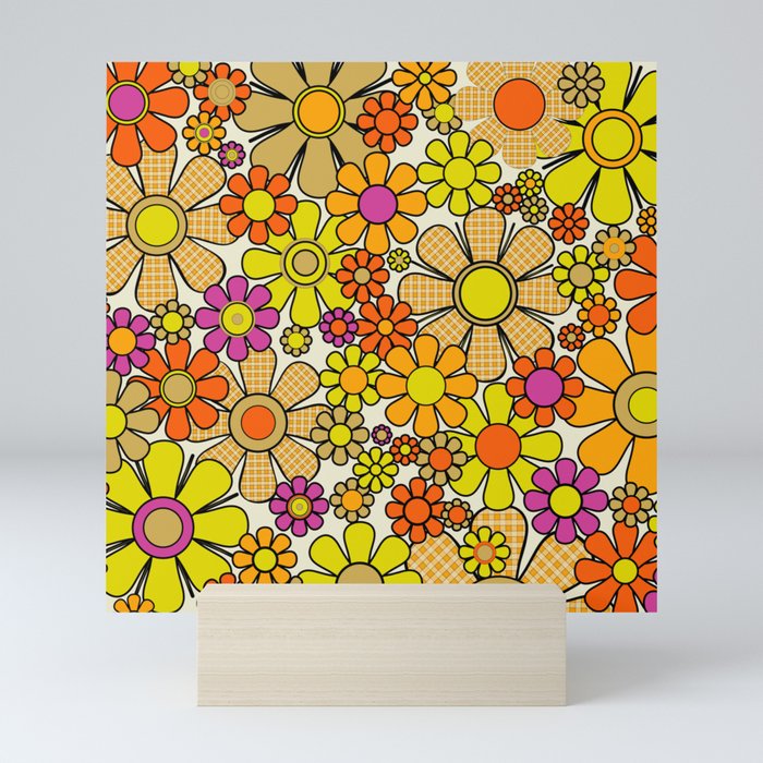 70s Retro Flowers Gingham Floral Pattern Orange Yellow Cream Mini Art Print