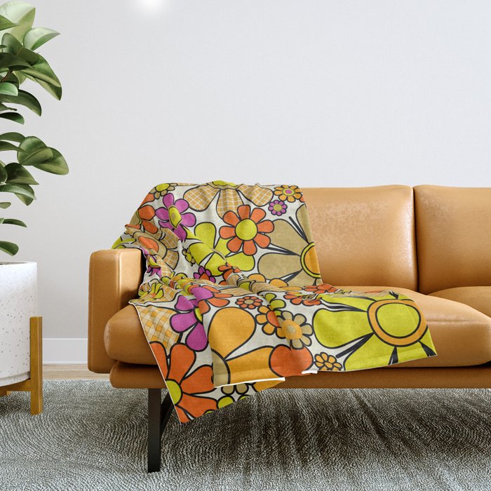 70s Retro Flowers Gingham Floral Pattern Orange Yellow Cream Throw Blanket