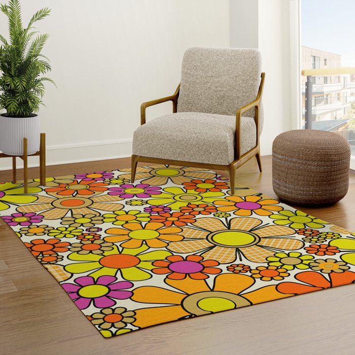 70s Retro Flowers Gingham Floral Pattern Orange Yellow Cream Rug