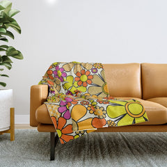 70s Retro Flowers Gingham Floral Pattern Orange Yellow Cream Throw Blanket