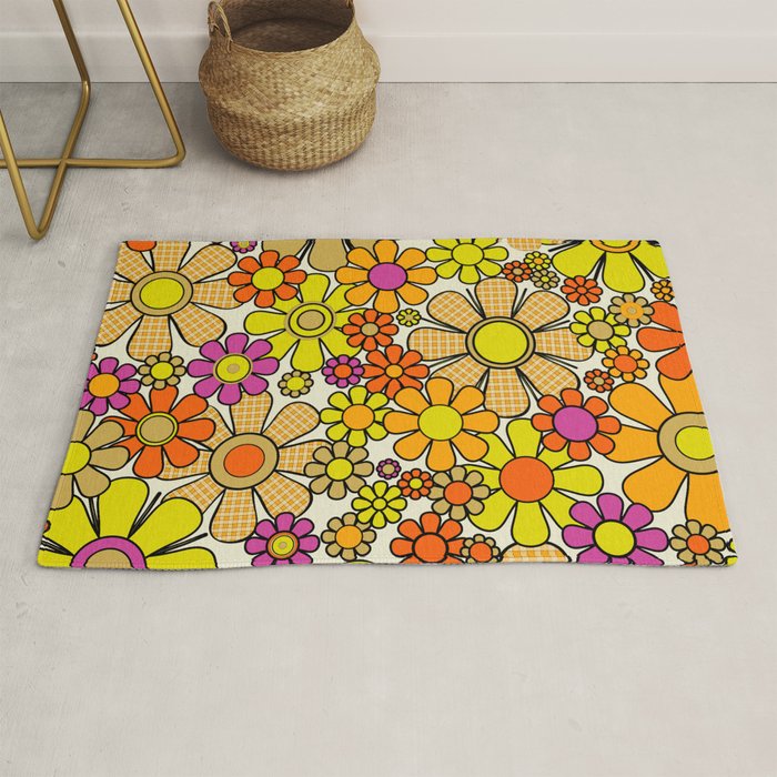 70s Retro Flowers Gingham Floral Pattern Orange Yellow Cream Rug