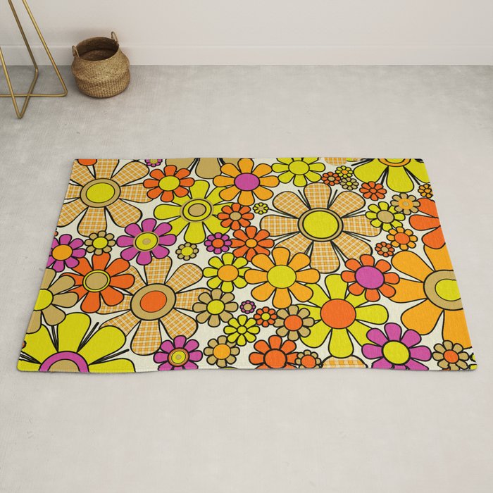 70s Retro Flowers Gingham Floral Pattern Orange Yellow Cream Rug