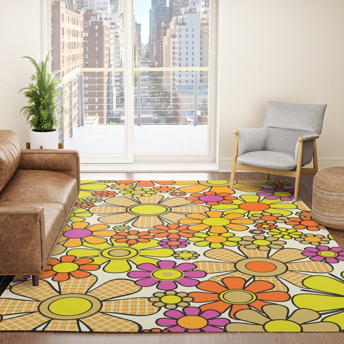 70s Retro Flowers Gingham Floral Pattern Orange Yellow Cream Rug