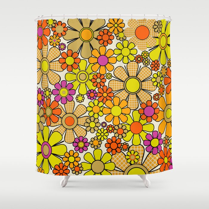 70s Retro Flowers Gingham Floral Pattern Orange Yellow Cream Shower Curtain