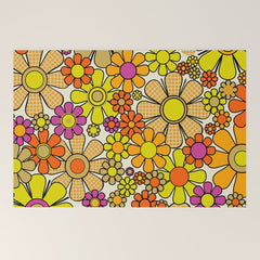 70s Retro Flowers Gingham Floral Pattern Orange Yellow Cream Welcome Mat