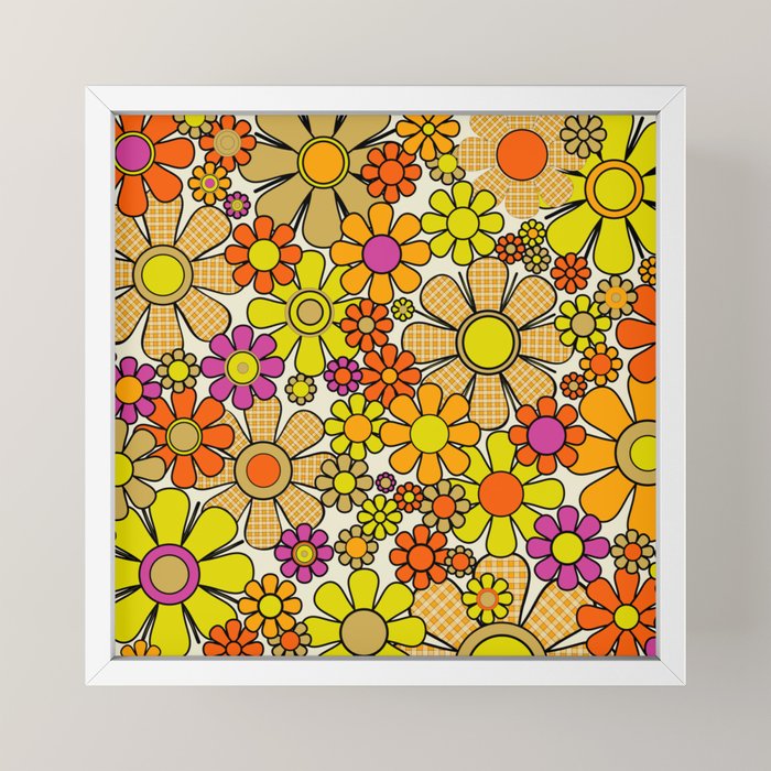 70s Retro Flowers Gingham Floral Pattern Orange Yellow Cream Mini Art Print