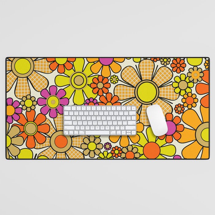 70s Retro Flowers Gingham Floral Pattern Orange Yellow Cream Desk Mat