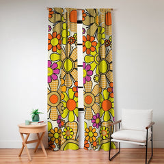 70s Retro Flowers Gingham Floral Pattern Orange Yellow Cream Window Curtain