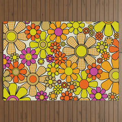 70s Retro Flowers Gingham Floral Pattern Orange Yellow Cream Outdoor Rug