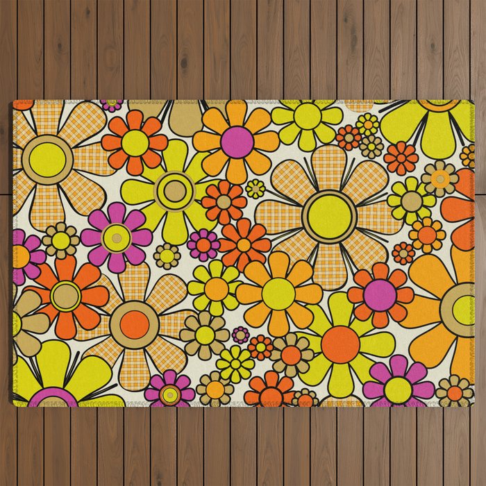 70s Retro Flowers Gingham Floral Pattern Orange Yellow Cream Outdoor Rug