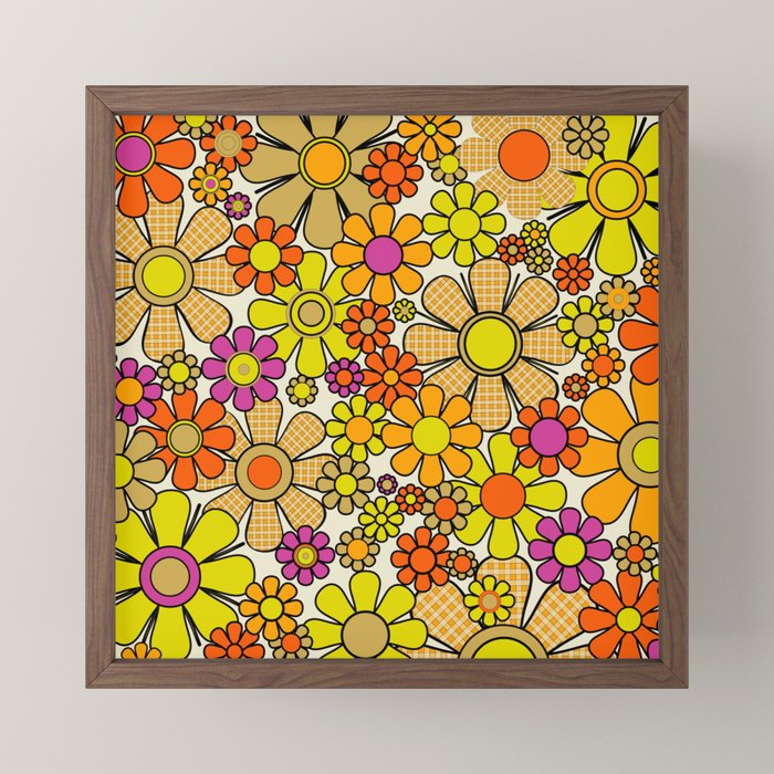 70s Retro Flowers Gingham Floral Pattern Orange Yellow Cream Mini Art Print