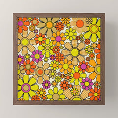 70s Retro Flowers Gingham Floral Pattern Orange Yellow Cream Mini Art Print