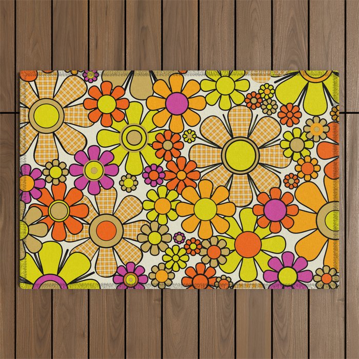 70s Retro Flowers Gingham Floral Pattern Orange Yellow Cream Outdoor Rug