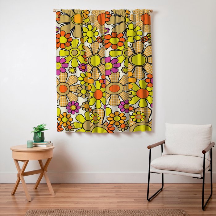 70s Retro Flowers Gingham Floral Pattern Orange Yellow Cream Window Curtain