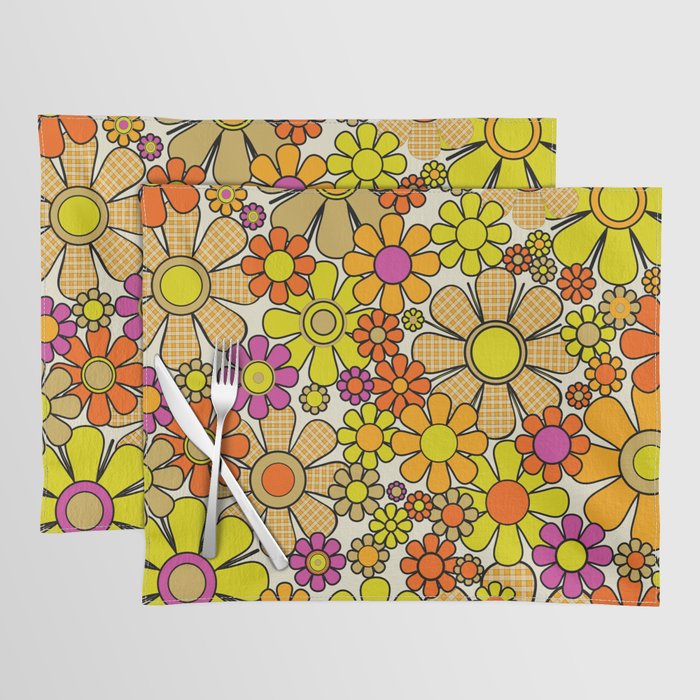 70s Retro Flowers Gingham Floral Pattern Orange Yellow Cream Placemat